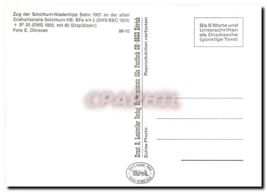 CPM Zug der Solthurn-Niederbipp Bahn 1957 an der alten Endhaltestelle Solothurn HB: Bfe 4/4 3 (SWS/B — Verso
