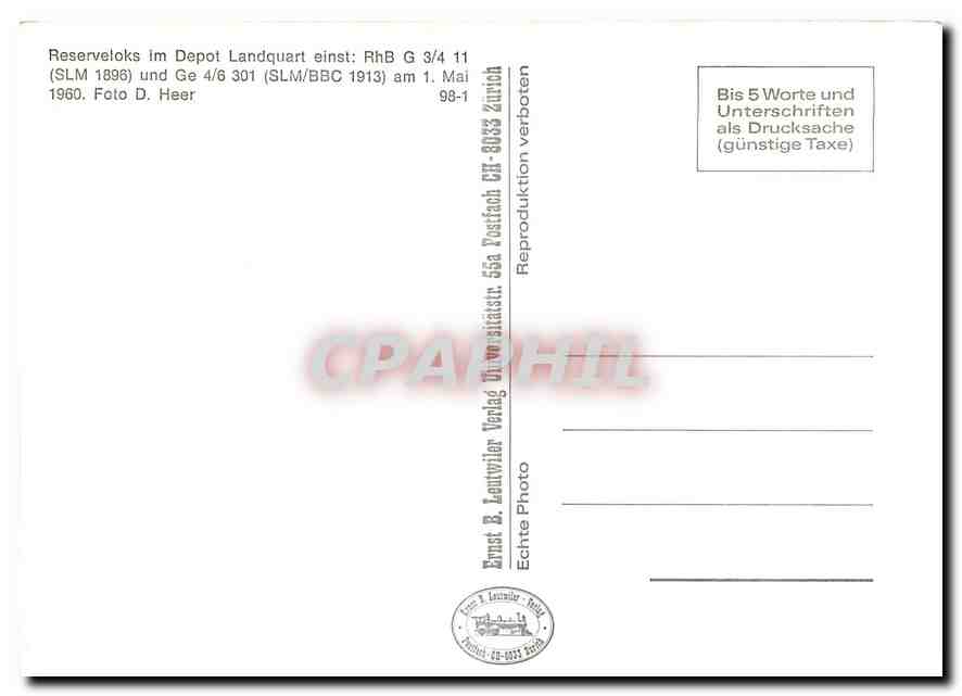CPM Reserveloks im Deot Landquart einst:RhB G 3/4 11 (SLM 1898)und Ge 4/6 301 (SLM/BBC) am 1 mai 196 — Verso