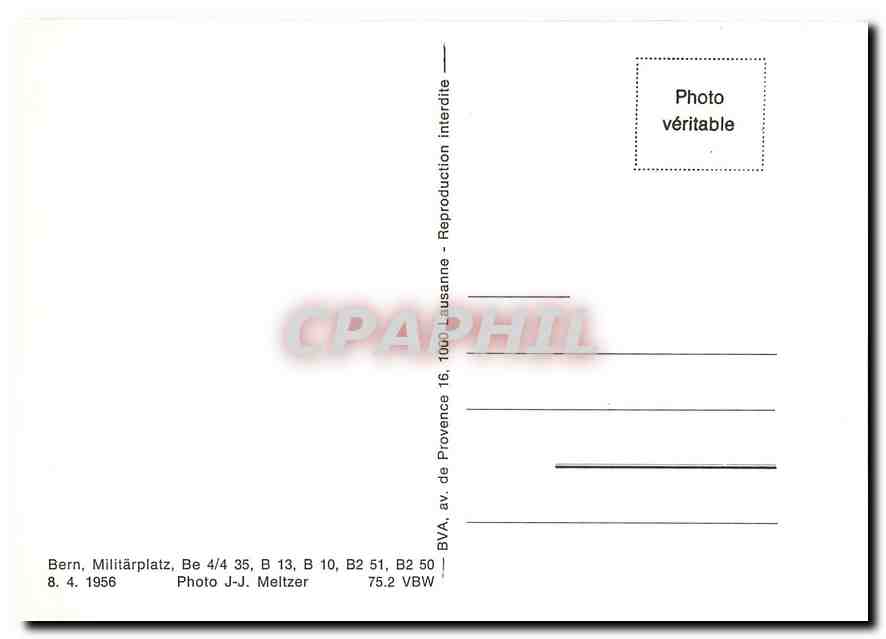 CPM Bern Militarplatz  be 4/4 35  B13 B10 B2 51  B2 50.8.4.1956 photo J-J Meltzer — Verso