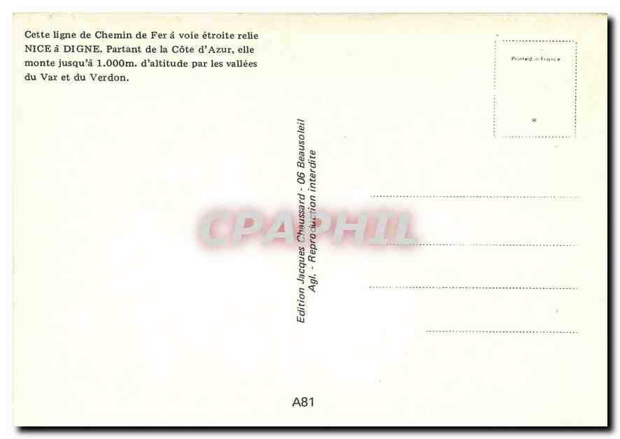CPM Cette ligne de chemi de fer à voie étroite relie NICE à DIGNE. Parant de la cote d'Azur  elle mo — Verso