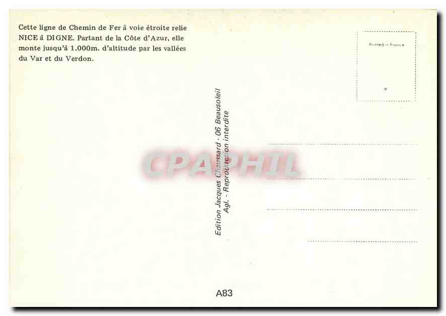 CPM Cette ligne de chemi de fer à voie étroite relie NICE à DIGNE. Parant de la cote d'Azur  elle mo — Verso