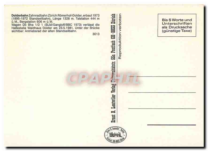 CPM Dokderbahn Zahnradbahn Zurich Romerhof-Dolder — Verso