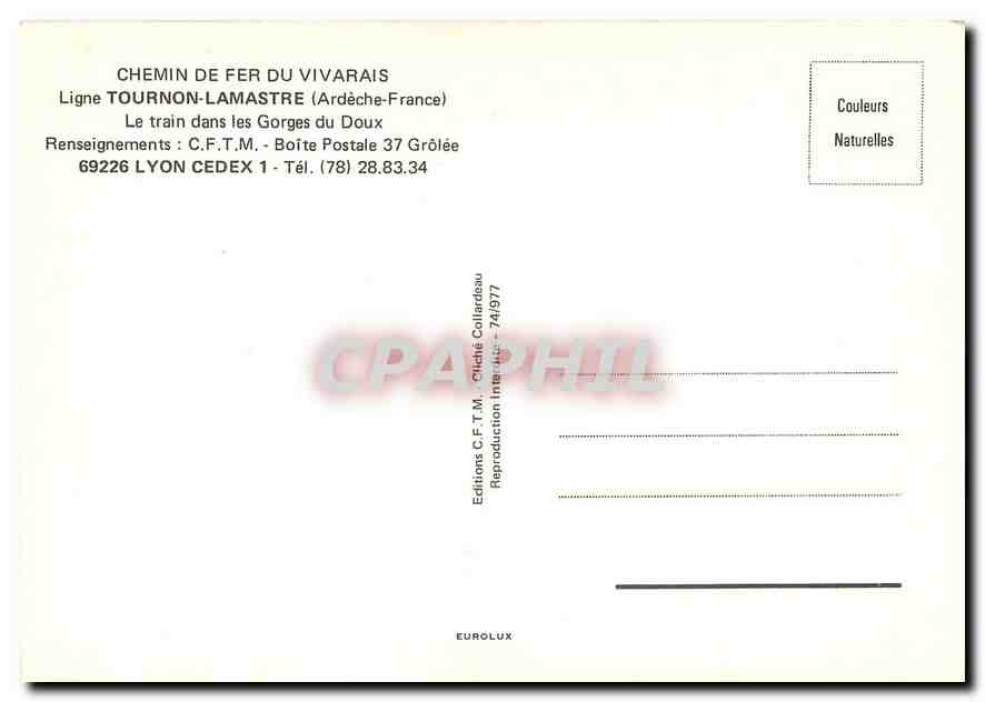 CPM CHEMIN DE FER DU VIVARAIS Ligne TOURNON - LAMASTRE (Ardèche-France) — Verso