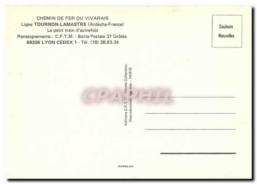 CPM CHEMEIN DE FER DU VIVARAIS Ligne TOURNON-LAMASTRE (Ardèche - France) — Verso