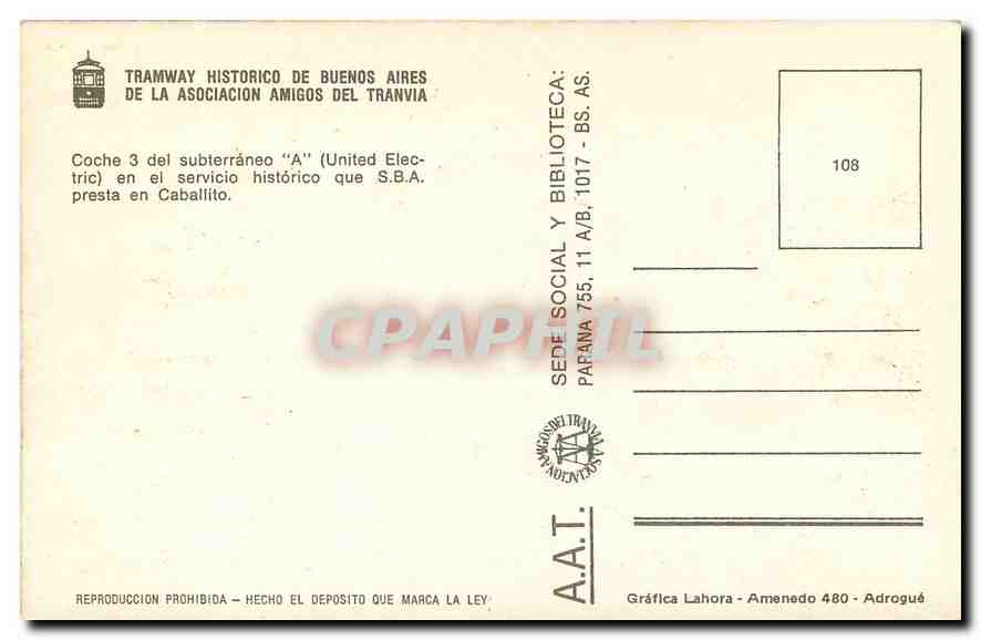 CPM TRAMWAY HISTORICO DE BUENOS AIRES — Verso