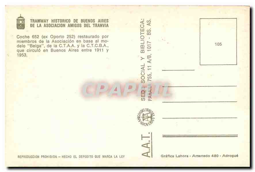 CPM TRAMWAY HISTORICO DE BUENOS AIRES — Verso