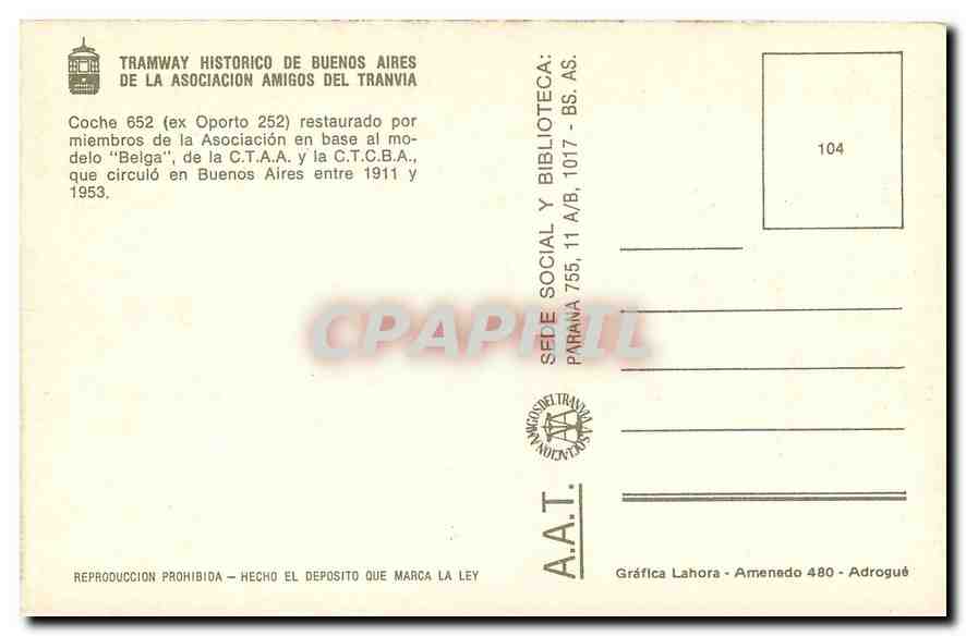 CPM TRAMWAY HISTORICO DE BUENOS AIRES — Verso