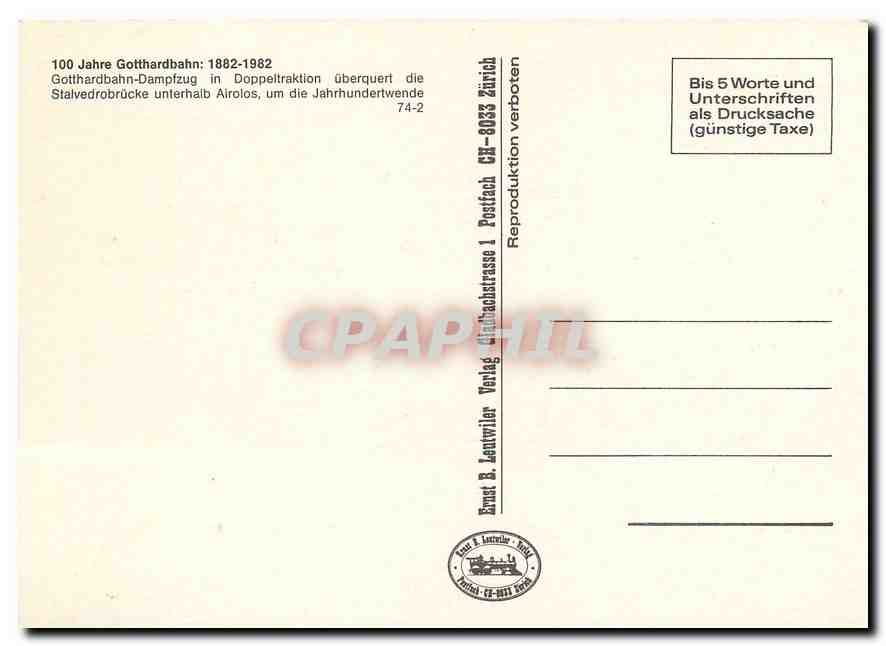CPM 100 Jahre Gotthardbahn : 1882-1982 — Verso