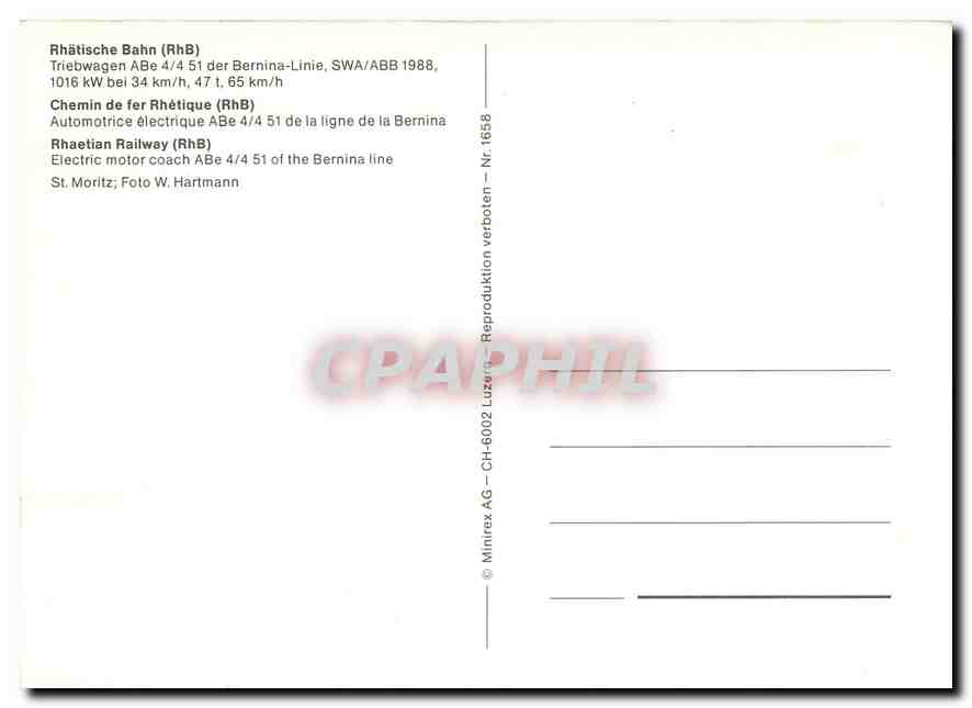 CPM Chemins de fer Rhetique — Verso