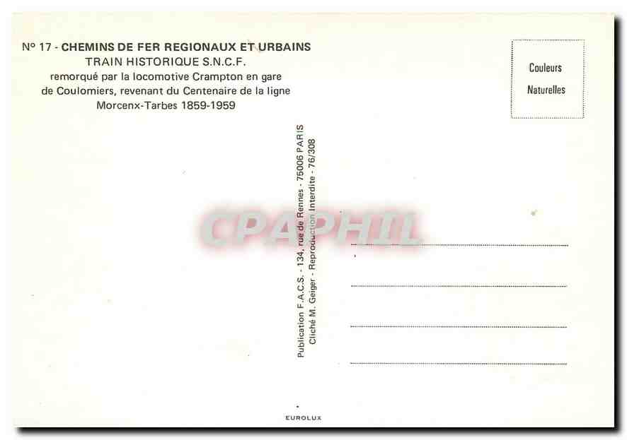 CPM CHEMINS DE FER REGIONNAUX ET URBAINS — Verso