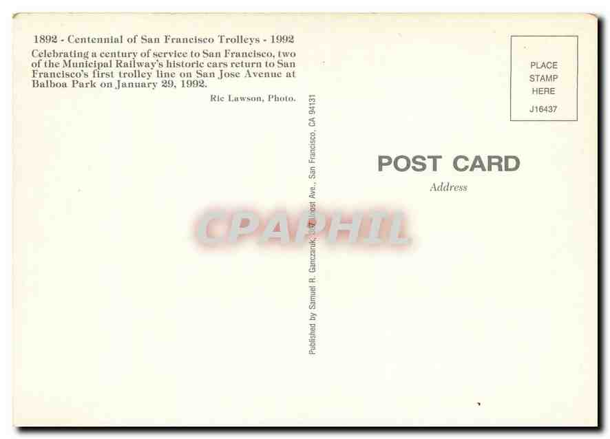 CPM Centennial of San Francisco Trolleys — Verso