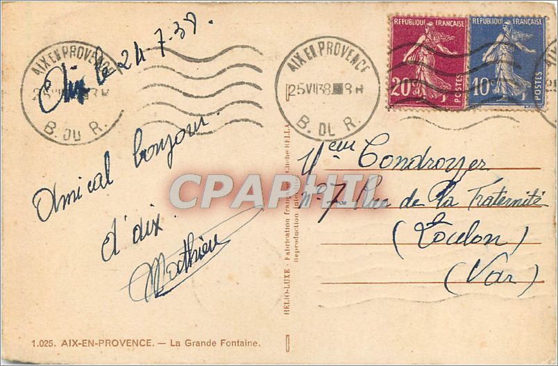 La Grande Fontaine — Aix-en-Provence — éditée par Rolla — Verso