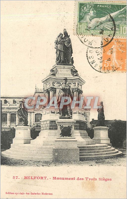 CPA BELFORT.Monument des trois Sièges Timbre Jeux Olympiques