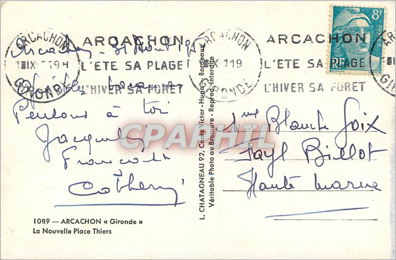 CPM 1089- ARCACHON 'Gironde". La Nouvelle Place Thiers — Rückseite