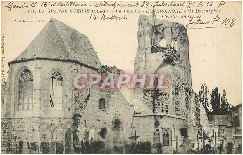 Chiesa in rovine a Elverdinghe vicino Bozsnighes — Dipartimento 39, 13e d'Artillerie — Phot-Reprose, Vosges, Parigi