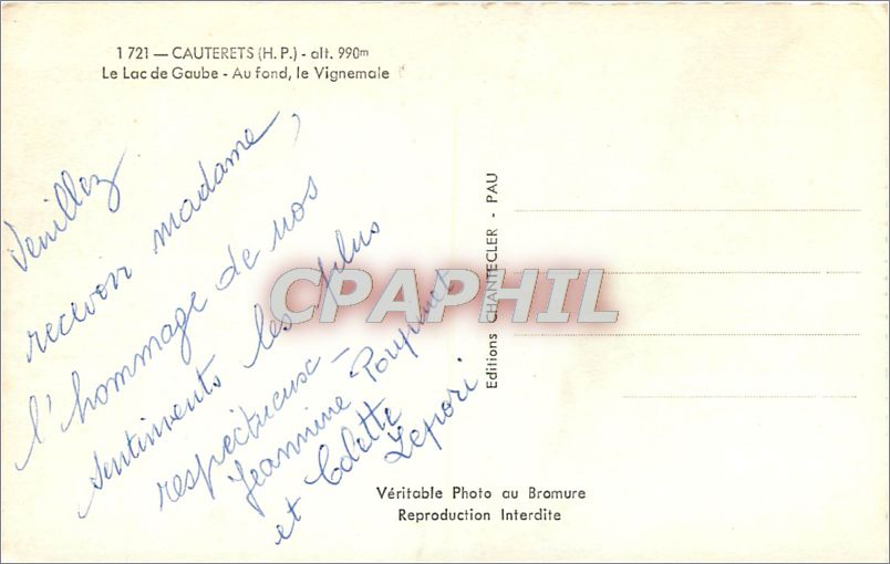 Cauterets — Lac de Gaube et le Vignemale — Éditions Chantecler — Rückseite