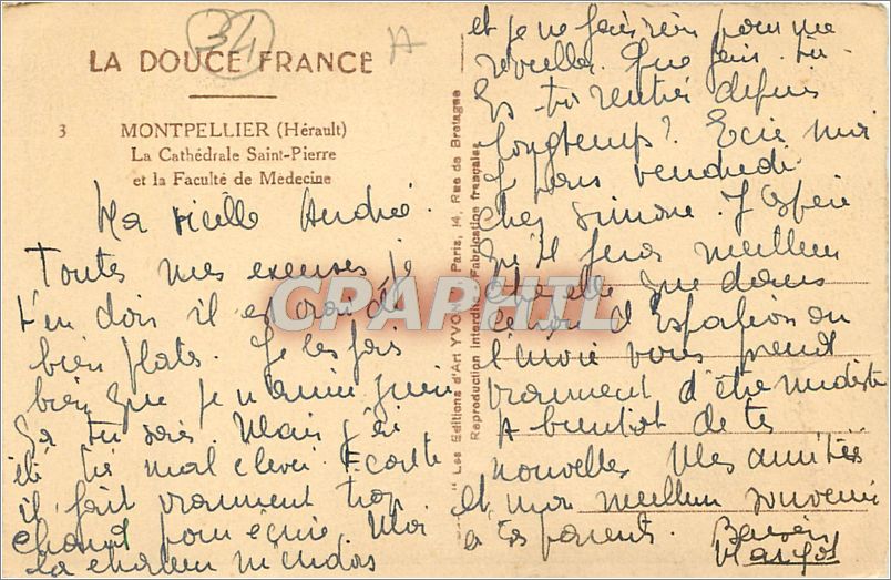 CPA MONTPELLIER.La cathédrale Saint Pierre et la faculté de medeine — Verso