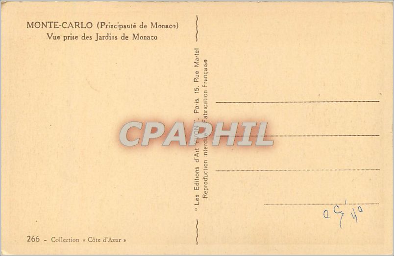 CPA MONTE-CARLO (Principaute de Monaco) Vue prise des jardins de Monaco — Rückseite