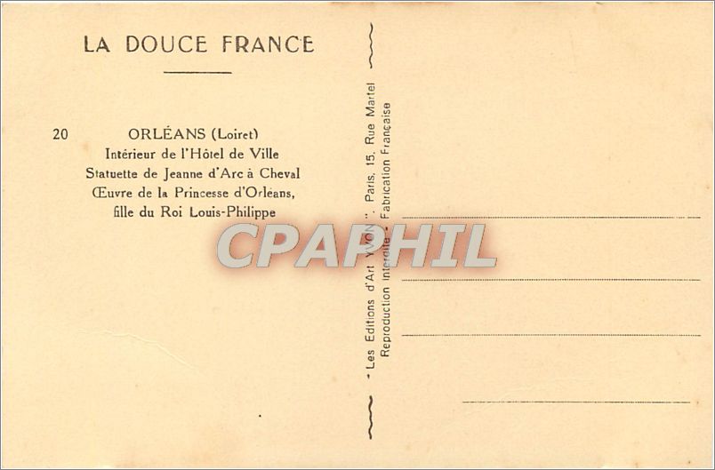 CPA LA DOUCE FRANCE-ORLEANS(Loiret)  Interieur de l'Hotelde Ville.tatuette de Jeanne d'Arc a Cheval  — Verso