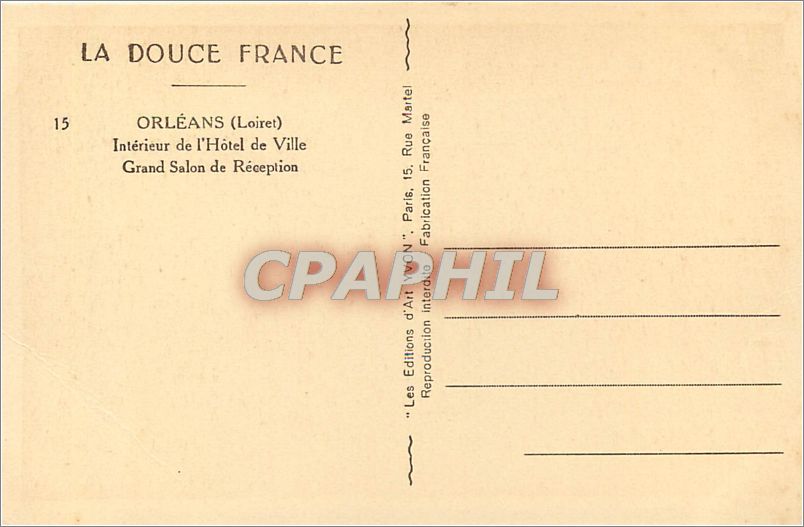 Orléans (Loiret) — Intérieur de l'Hôtel de Ville, Grand Salon de Réception — Les Éditions d'Art Martel — Verso