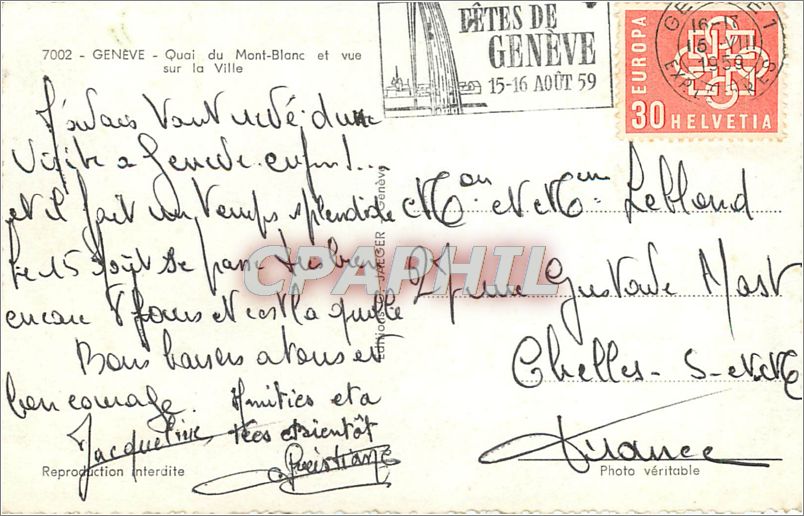 CPM GENEVE-Quai du Mont Blanc sur la Ville Bateau — Verso