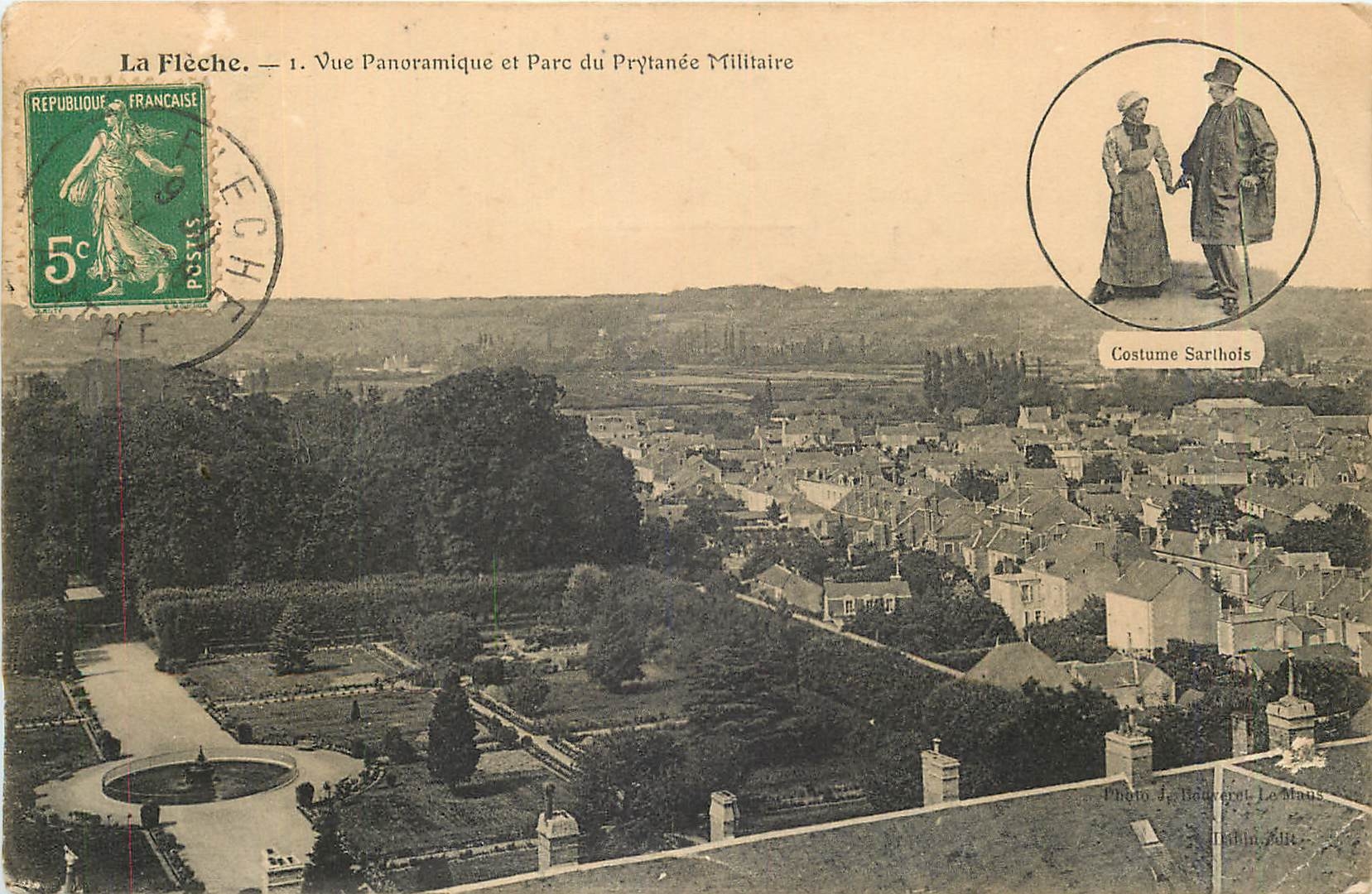 CPA La Fleche Vue Panoramique et Parc du Prytanee Militaire Costume Sarthois Folklore