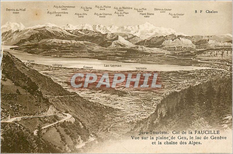 CPA Jura Touriste Col de la Faucille Vue sur la Plaine de Gex le Lac de Geneve et la chaine des Alpe