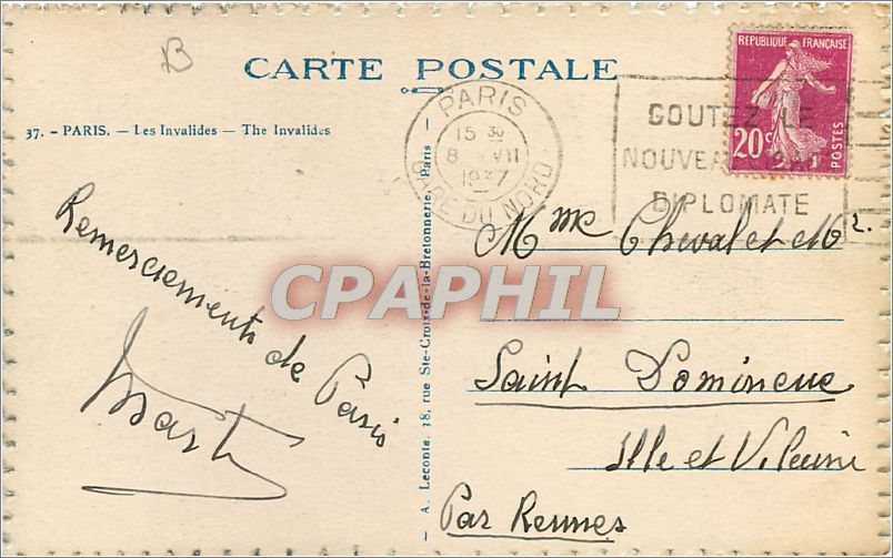 CPA Paris Les Invalides  — Verso