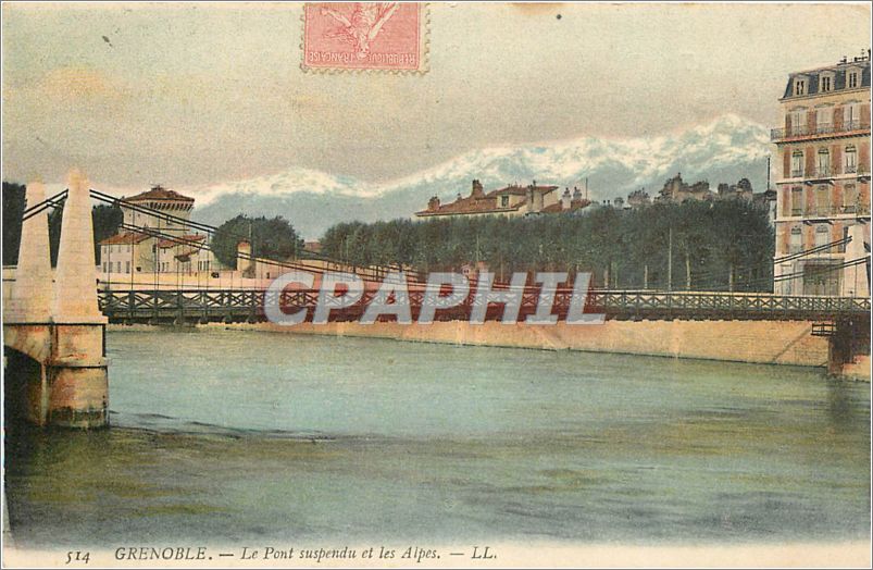 CPA Grenoble Le Pont suspendu et les Alpes 