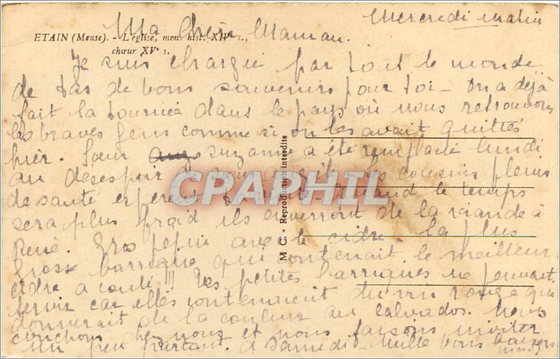 CPA Etain Meuse L'Eglise mon hist XIV choeur XV  — Rückseite