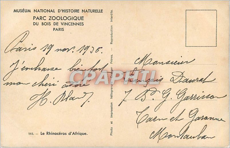 CPA Parc Zoologique du Bois de Vincennes Paris Le Rhinoceros d'Afrique  — Rückseite
