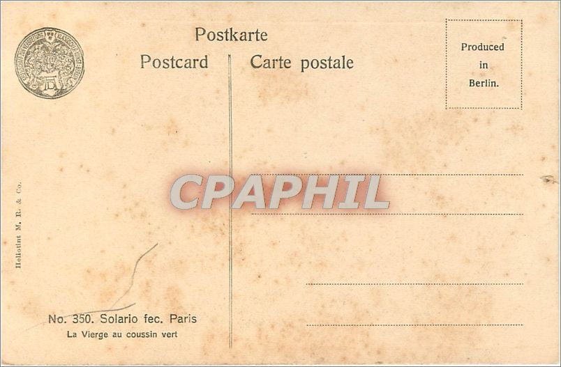 CPA Solario fec Paris La Vierge au coussin vert  — Rückseite