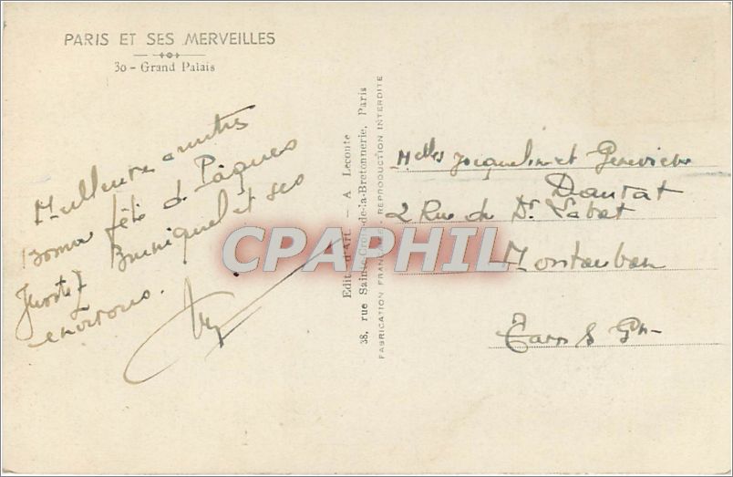 CPA Paris et ses Merveilles Grand Palais  — Rückseite