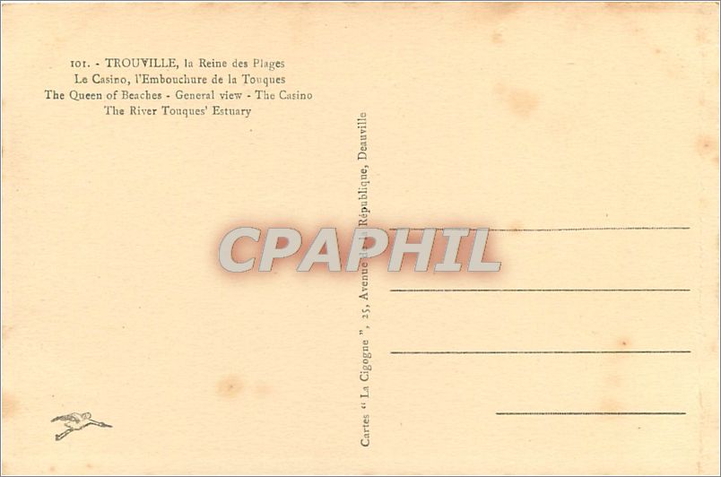 Trouville, la Reine des Plages — Le Casino, l'Embouchure de la Touques — Éditeur : Cartes 'La Cigogne', 35 Avenue de la République, Deauville — Rückseite