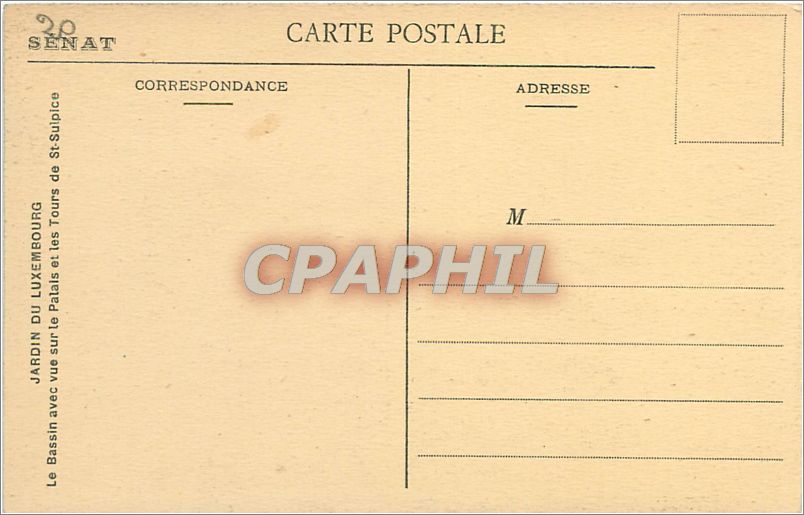 CPA Jardin du Luxembourg Le Bassin avec sur le Palais et les Tours de St Sulpice  — Rückseite