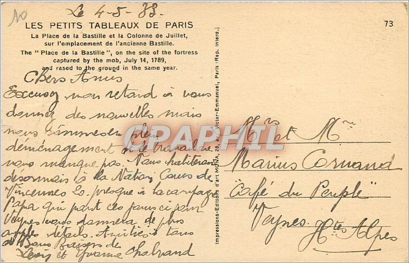 CPA Paris La Place de la Bastille et la Colonne de Juillet  — Rückseite
