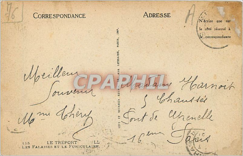 CPA Le Treport Les Falaisees et le Funiculaire  — Verso