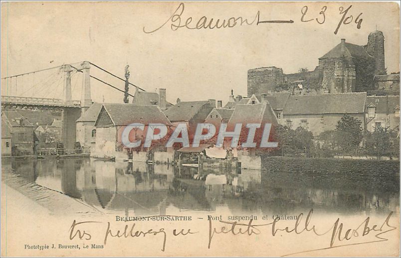 CPA Beaumont sur Sarthe Pont suspendu et Chateau 