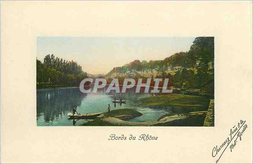 Ufer des Rhônes — Panoramablick mit zwei Fischern in einem Boot — Churanaux & la Phot. - Paris
