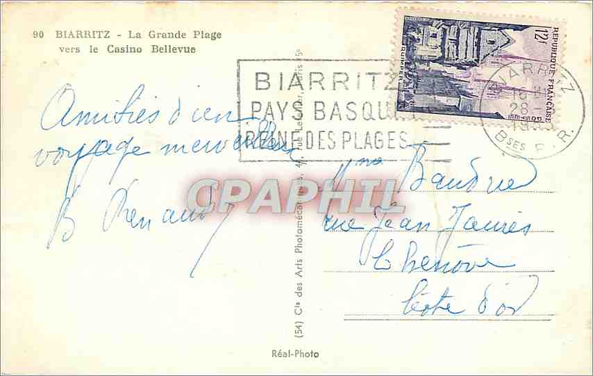 CPM Biarritz La Grande Plage vers le Casino Bellevue  — Verso