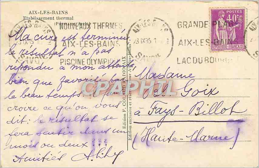 CPA Aix les Bains Etablissement Thermal  — Verso