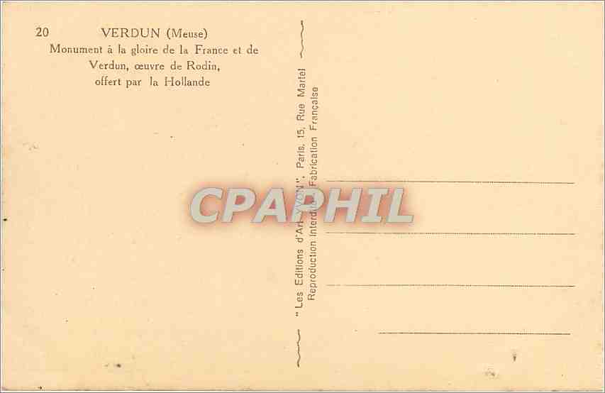 Verdun — Monument à la gloire de la France et de Verdun, œuvre de Rodin, offert par la Hollande — Éditions d'Art 'VYVON', n°20 — Verso