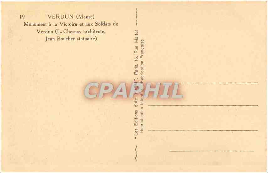 Verdun (Meuse) — Monument à la Victoire et aux Soldats de Verdun — Éditeur Yvon, n°19 — Verso