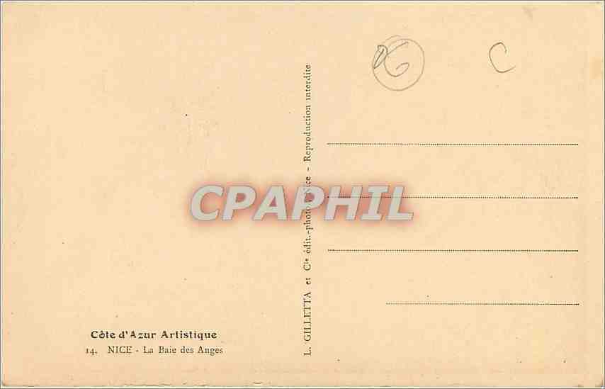 CPA Cote d'Azur Artistique Nice La Baie des Anges  — Verso