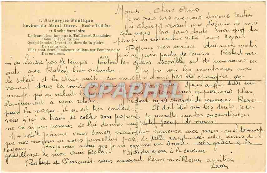 CPA L'Auvergne Poetique Environs du Mont Dore Roche Tuiliere et Roche Sanadoire  — Verso