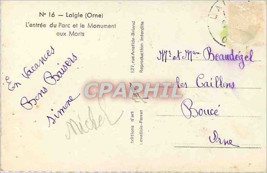 CPM L'aigle Orne L'Entree du Parc et le Monument aux Morts  — Rückseite