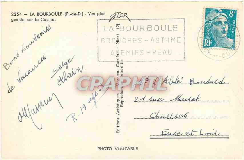 CPA La Bourboule P de C Vue plongeante sur le Casino  — Rückseite