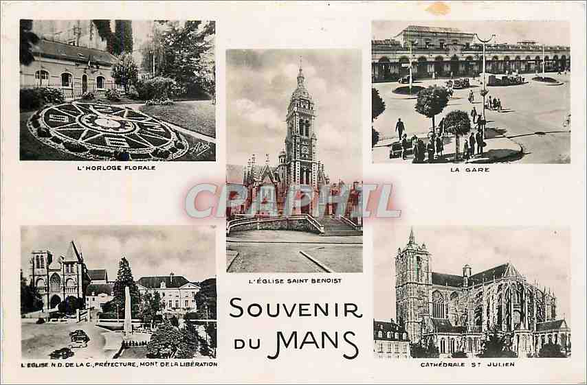 CPM Souvenir de Mans  L'horloge florale L'eglise ND de la C La gare Cathedrale St Julien