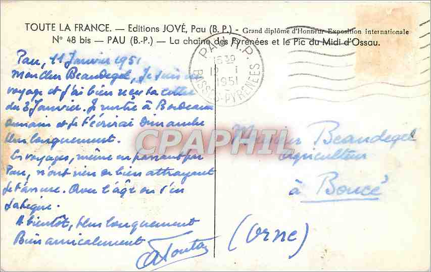 Pau — La chaîne des Pyrénées et le Pic du Midi d'Ossau — Editions JOVÉ, N° 48 bis — Rückseite