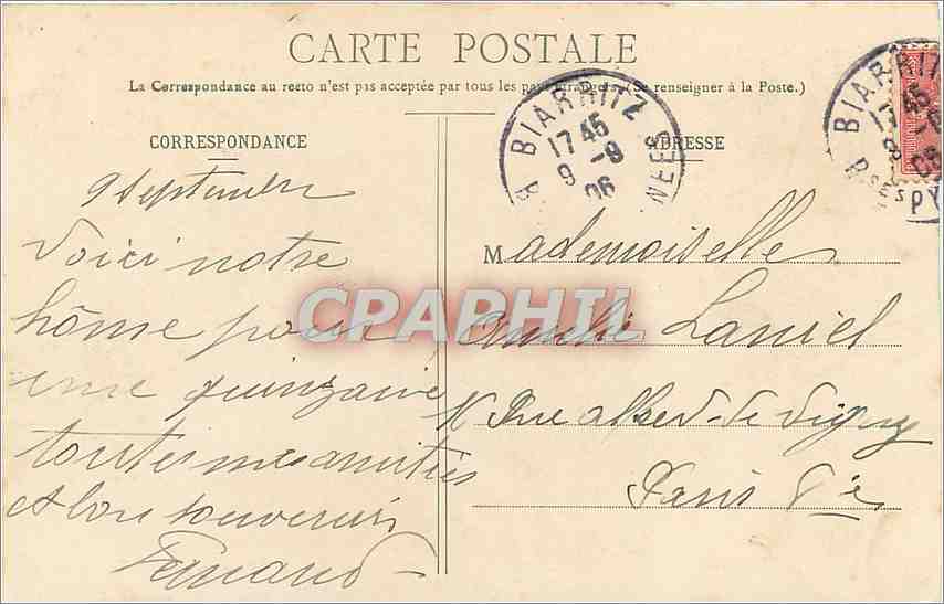 CPA Biarritz Artistique Hotel du Palais  — Verso